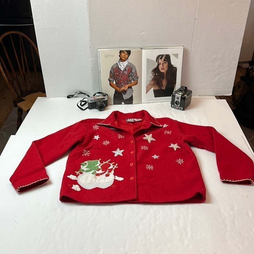Take two clothing Co. Wool button up holiday jacket with snowmen and metallic